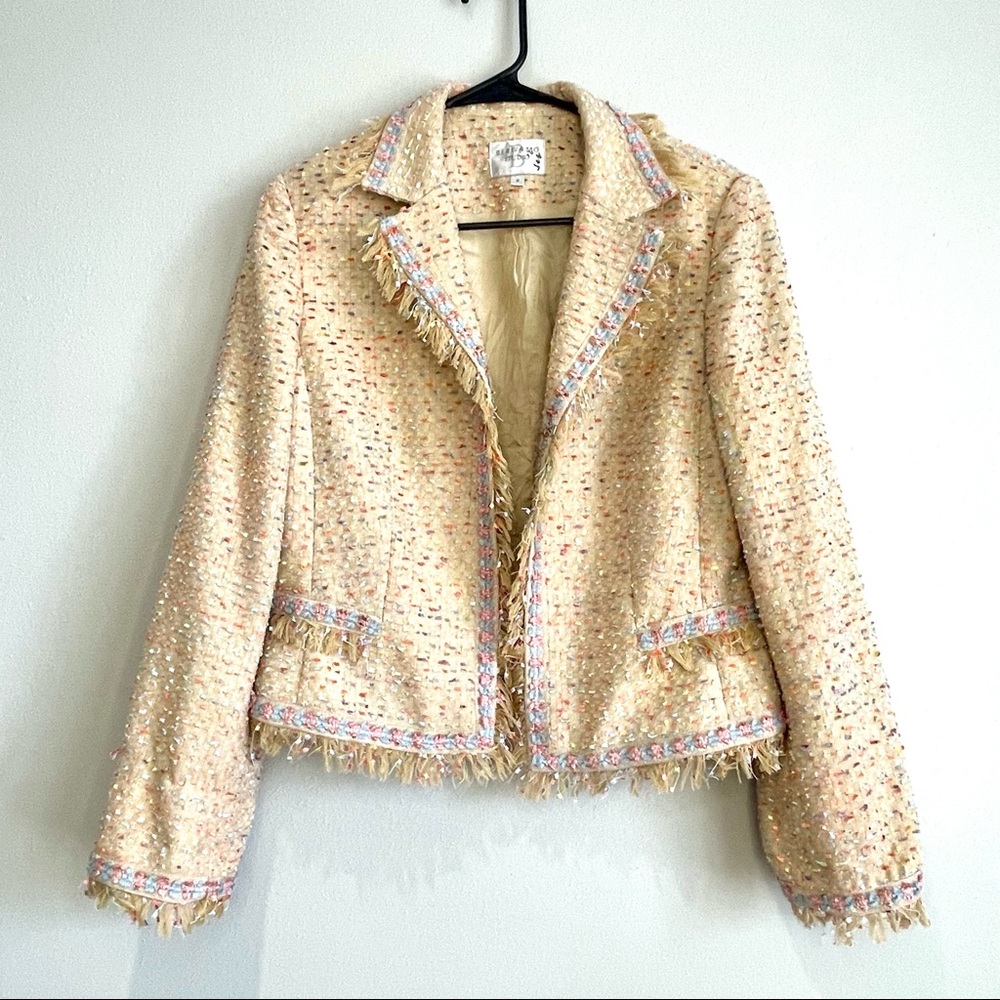 Bergamo Studio Cream Pastel Fringe Spring Tweed Embroidered Blazer - Size 8